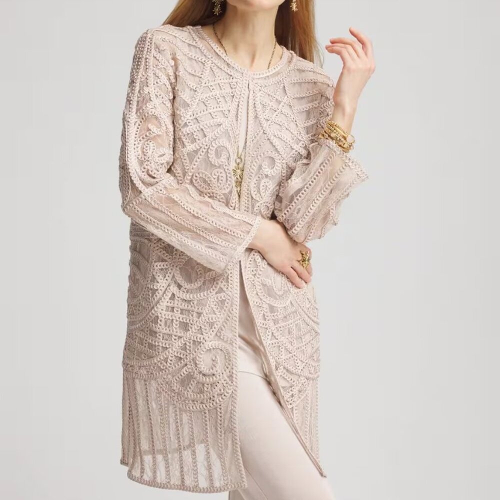 nwt CHICO'S $180 travelers embroidered lace jacket taupe 2 (large)